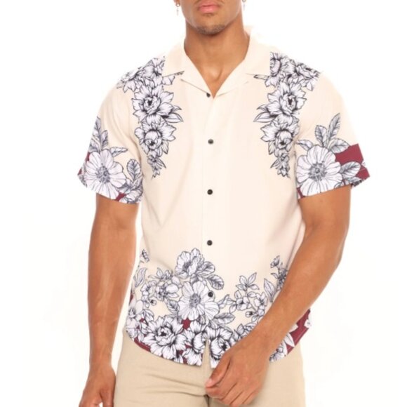 💥3/$30💥NWT Fashion Nova Men's Floral Colorblock SS Woven Top, White/Combo - M - Picture 1 of 9